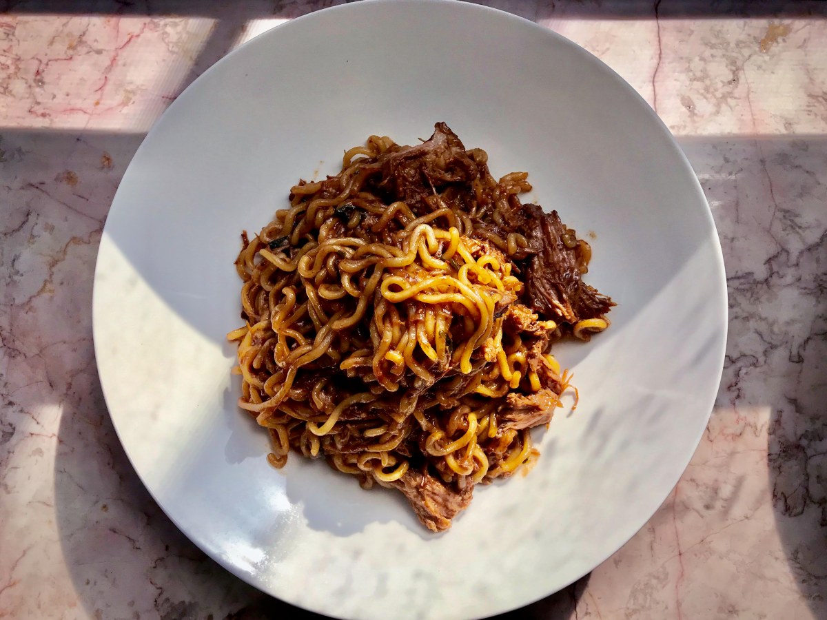 Ram-Don (Jjapaguri) with Hoisin Pulled Pork