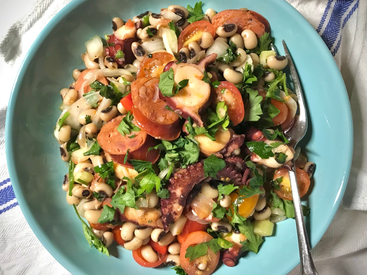Grilled Octopus Salad with Black-eyed Peas and Linguiça (Mild Portuguese Sausage)